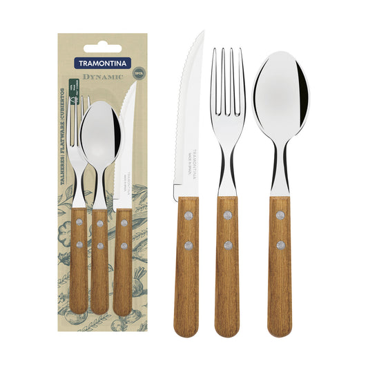 Dynamic 3-Piece Flatware Set – Stainless Steel Blades with Natural Wood Handles – Includes Steak Knife, Fork, and Spoon – Durable and Stylish for Dining and Kitchen Use