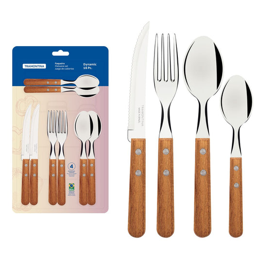 Dynamic 16-Piece Cutlery Set – Stainless Steel Blades with Natural Wood Handles – Versatile Kitchen Flatware Set