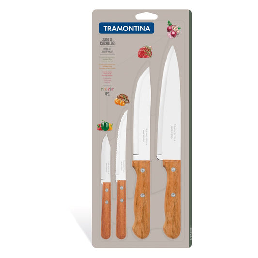 Dynamic 4-Piece Knife Set with Stainless Steel Blades, Ergonomic Natural Wood Handles, Includes Paring, Steak, Utility, and Chef Knives for Kitchen or Dining Use