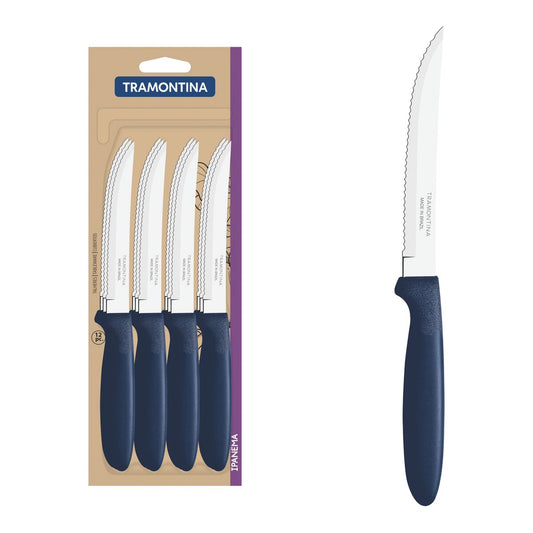 Ipanema 12-Piece Stainless Steel Steak Knife Set, Sharp Serrated Blades, Durable Blue Polypropylene Handles, Rust-Resistant, Perfect for Home and Outdoor Dining
