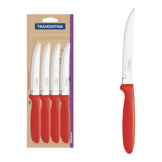 Ipanema Steak Knife Set, 12-Piece Stainless Steel Serrated Blades with Red Polypropylene Handles, Durable and Rust-Resistant, Ideal for Meat and BBQ