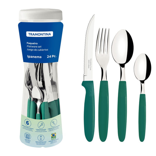 Ipanema 24-Piece Cutlery Set – Stainless Steel Blades with Emerald Green Handles – Includes Plastic Storage Pot