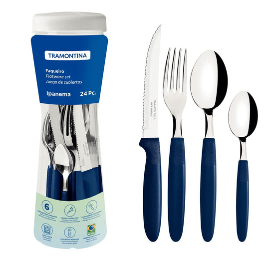 Ipanema 24-Piece Cutlery Set – Stainless Steel Blades – Blue Polypropylene Handles – Ideal for Daily Dining – Faqueiro Completo