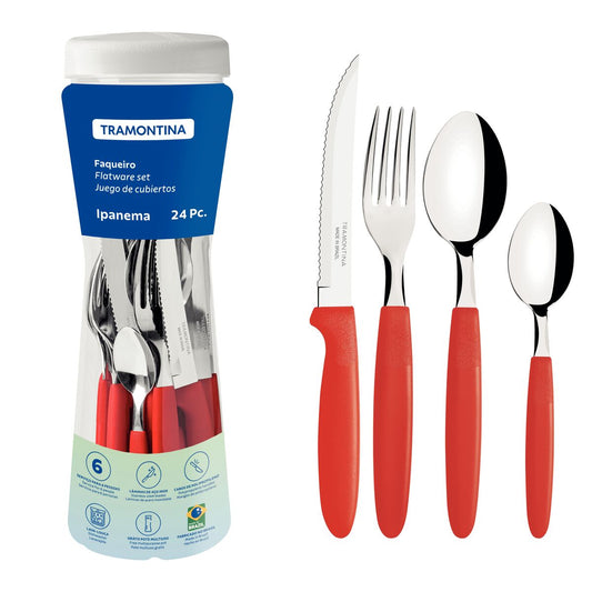 Ipanema Stainless Steel Flatware Set, 24-Piece Cutlery with Durable Red Polypropylene Handles, Includes Plastic Storage Container, Perfect for Daily Use and Gatherings
