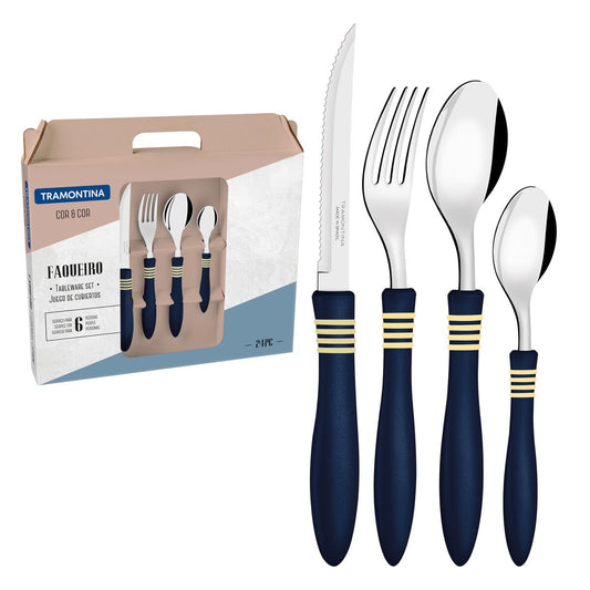 24-Piece Plenus Cutlery Set – Complete Set with Spoons, Forks & Knives, Dishwasher Safe, Durable Stainless Steel with Stylish Blue Handles, Perfect for Everyday Use & Di