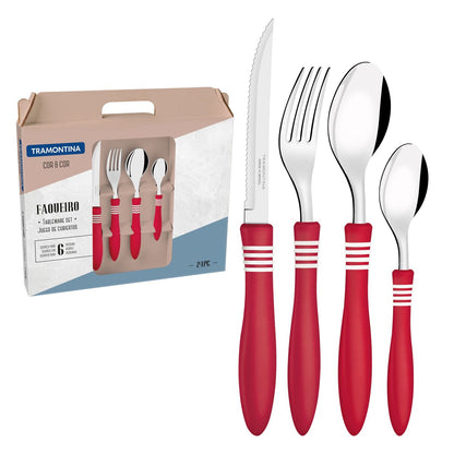 24-Piece Plenus Cutlery Set – Complete Set with Spoons, Forks & Knives, Dishwasher Safe, Durable Stainless Steel with Stylish Red Handles, Perfect for Everyday Use & Din