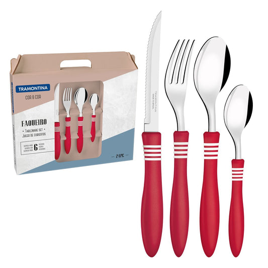24-Piece Plenus Cutlery Set – Complete Set with Spoons, Forks & Knives, Dishwasher Safe, Durable Stainless Steel with Stylish Red Handles, Perfect for Everyday Use & Din
