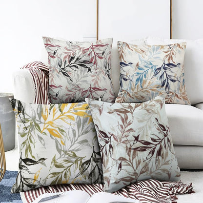 Printed Linen Velvet Cushion Covers, Throw Pillow Covers, Leaves Pattern Decorative Pillow Covers, Set of 4 Pieces Multicolor