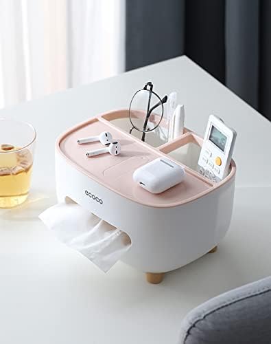 Tissue Box Cover Holder with Storage, Napkin Tissue Box, Multi-Function Tissue Box ABS Material Storage Organizer Caddy for Bathroom, Bedroom and Office, Pink