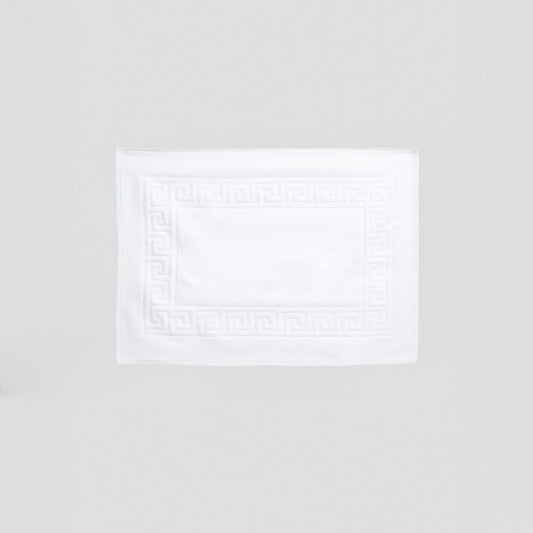 Hotel Cotton Bath Mat, White, Soft and Absorbent 100% Cotton, High GSM Shower Mat with Greek Key Border for Bathroom Floor Comfort, 50x70 cm, 300g
