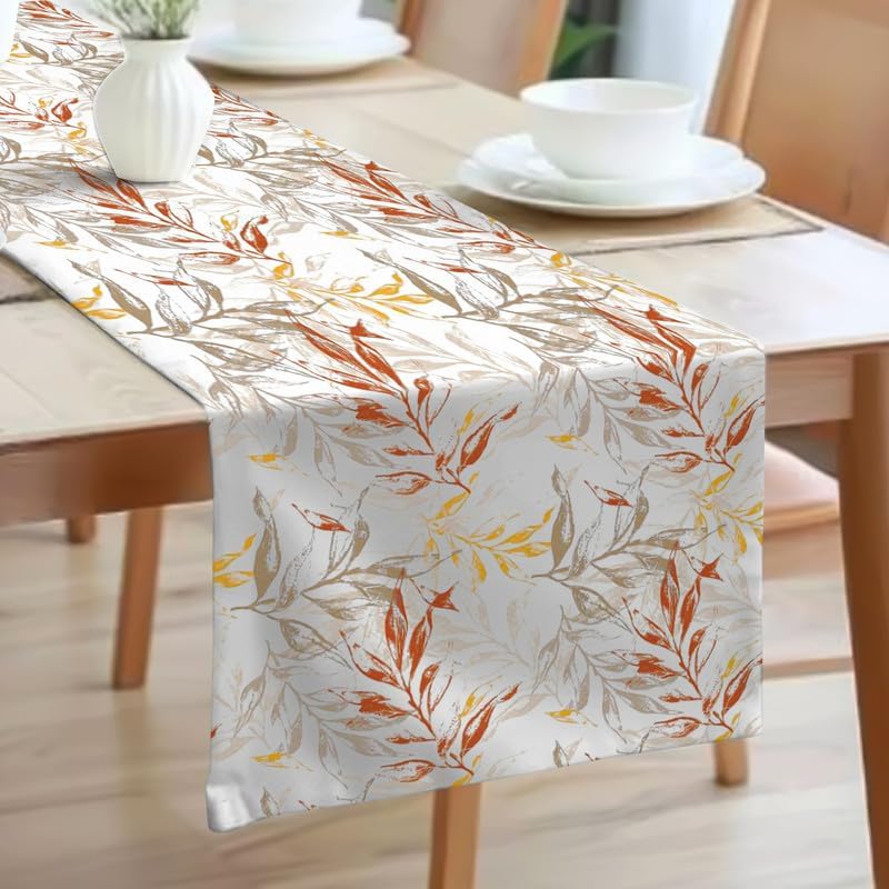 Table Runner, 45 x 140 cm Linen Velvet Fabric with Modern Leaves Design, Elegant Rectangular Cover for Dining Kitchen or Living Room Tables, for Daily Use and Special Occasions