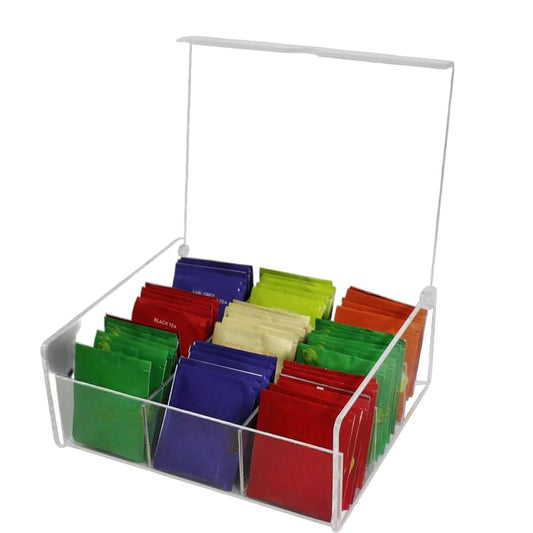 Acrylic Tea Bag Organizer Box, Clear Storage Case with Lid and 9 Compartments for Tea Bags, Packets, Condiments, or Crafts, Elegant Countertop Organizer for Kitchen or Office