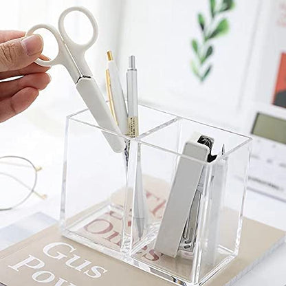 2-Pack Clear Acrylic Pencil Holders for Desk, Each with 2 Compartments, Pen Cup and Office Stationery Organizer, Modern Makeup Brush and Cosmetics Holder Set for Home and Office