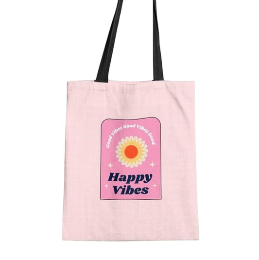Canvas Happy Vibes Tote Bag, a Durable and Reusable Shopping Bag in Pink, 32x45 cm, a Cheerful and Stylish Carrier for Groceries, Books, Beach Trips, or Everyday Essentials