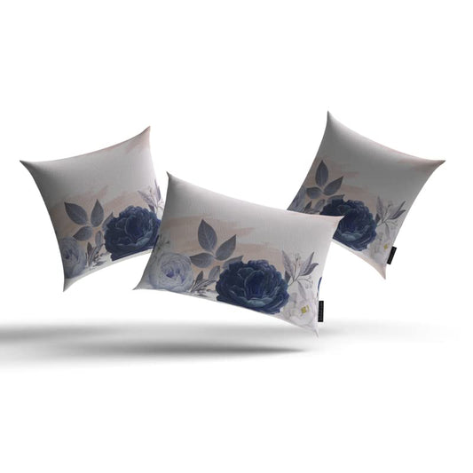 Bloom Set Velvet Cushion Cover in Blue & White, a plush decorative pillow with a beautiful floral pattern, 40x40 cm, perfect for creating a serene and elegant atmosphere in your bedroom