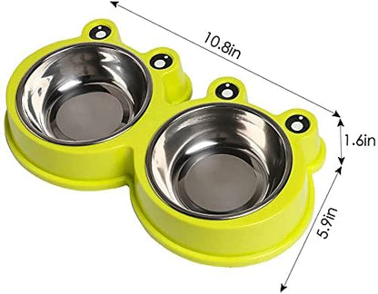 NA/ Double Dog Cat Bowls Premium Stainless Steel Pet Bowls with No-Slip Stainless Steel Cute Modeling Pet Food Water for Feeder Dogs Cats Rabbit and Pets (Green)