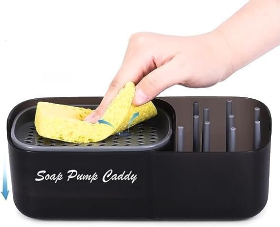 Dish soap Pump Dispenser Sink and Kitchen Caddy Organizer Set with Sponge Included. 3 in 1 Convertible Multi Storage and Holder for sponges, Scrubs, Brushes and More.
