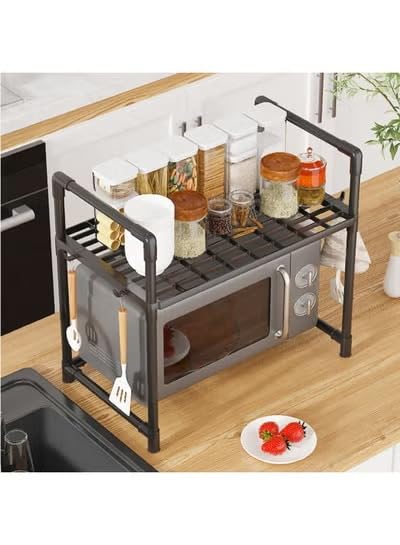 2-Tier Adjustable Microwave Oven Rack, Kitchen Countertop Organizer Shelf with Hooks, Space Saving Storage Rack for Spices, Utensils and Kitchen Supplies (Black)