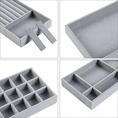 Jewelry Trays Organizer, Closet Drawer Accessories Tray Set of 4 Drawer Organizer for Earring, Ring, Gadgets & Cosmetics, Display Organizer Necklace Storage Showcase Bracelet Removable Tray