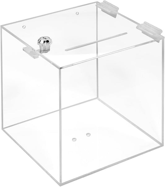Clear Acrylic Lockable Box with Slot and Keys, 20 x 20 x 20 cm Transparent Plexiglass Donation Ballot or Competition Entry Box for Events Office or Promotions