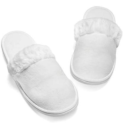 INtex HOME Luxury Plush White Indoor Slippers - Soft Fleece Lining with Faux Fur Trim Non-Slip Sole - Cozy House Slippers for Men and Women - 1 Pair, One Size