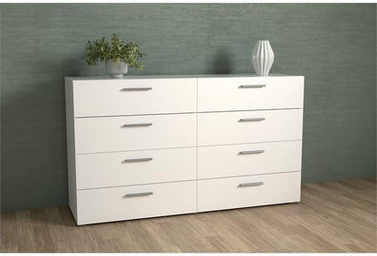 Modern Bedroom Double Drawer Unit, 8-Drawer Chest in White with Silver Handles, Manufactured Wood Dresser, Wide Storage Organizer for Bedroom or Living Room