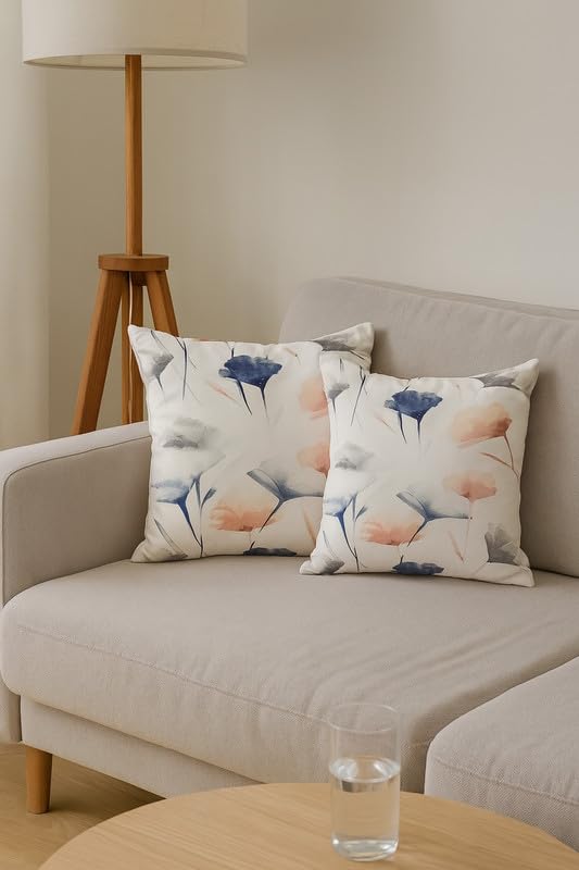 INTEX HOME Cushion Covers, Premium Linen Velvet with Sou Floral Pattern, Set of 2, 40×40 cm, Off-White x Navy Blue x Blush, for Living Room & Bedroom Décor, Soft & Wrinkle-Resistant Fabric