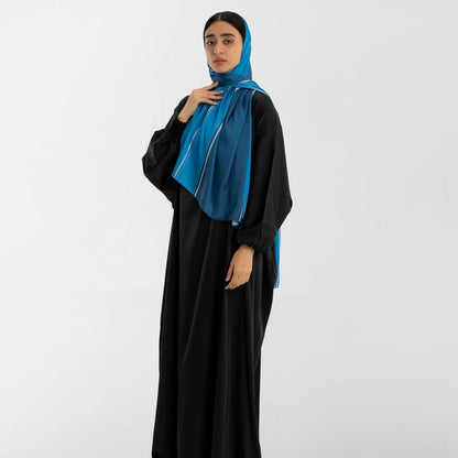 Isdal Al-Taqwa Women's Prayer Dress, a Full-Coverage One-Piece Garment in Blue & Black made of Soft Satin Fabric, One Size Fits All, a Beautiful and Comfortable Khimar for Islamic Worship