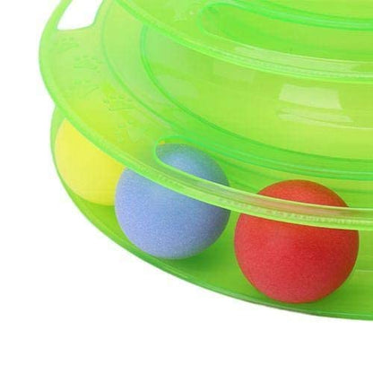 Tower of Tracks Ball Spin Cat Play Tower Three Levels for Group Play, Toy with 3 Balls, Green