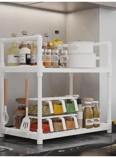 2-Tier Adjustable Microwave Oven Rack, Kitchen Countertop Organizer Shelf with Hooks, Space Saving Storage Rack for Spices, Utensils and Kitchen Supplies (White)