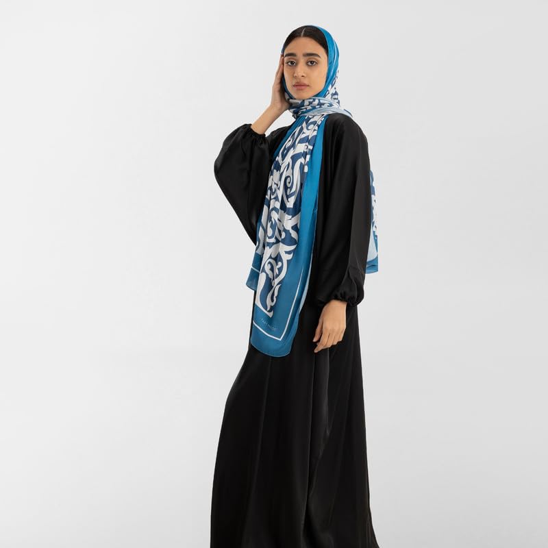 Isdal Al-Hedaya Women's Prayer Dress, a One-Piece Garment in Blue & Black made from Smooth Satin Fabric for Complete Coverage, One Size Fits All, an Elegant and Comfortable Khimar for Salah
