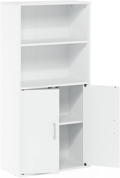 Storage Bookcase with 2 Doors in White, Manufactured Wood Cabinet with 2 Open Shelves, Freestanding Organizer for Living Room or Office, Combination Display and Concealed Unit