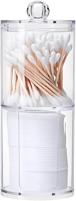 2-in-1 Clear Acrylic Cotton Swabs Holder and Makeup Pads Container with Lid, Multipurpose Cosmetic Organizer, Bathroom Storage Dispenser for Cotton Pads, Swabs, and Small Accessories