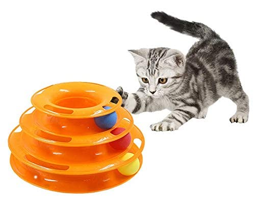 Cat Darling Toys Little Pet Toys Interactive Three Levers Tower of Tracks Pet Crazy Ball Disk Toy (Orange-Triangle)