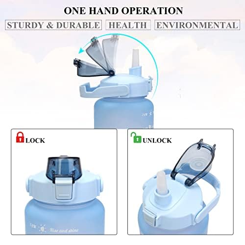 Motivational Water Bottle with Straw 3 Pcs, 64oz 32oz 16oz Time Marker Large Drinking Bottles Leakproof Half Gallon 2L Water Jugs for Sports Gym Travel BPA Free - Gradient Blue