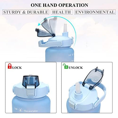 Motivational Water Bottle with Straw 3 Pcs, 64oz 32oz 16oz Time Marker Large Drinking Bottles Leakproof Half Gallon 2L Water Jugs for Sports Gym Travel BPA Free - Gradient Blue