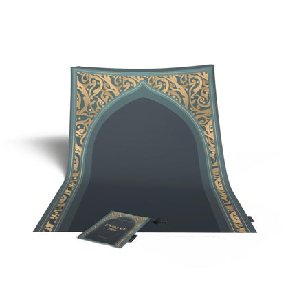 Waterproof Prayer Mat in Teal and Gold, 68x117 cm, a durable and beautiful rug with a rich design, perfect for travel and outdoor use, offering a clean and reliable prayer space
