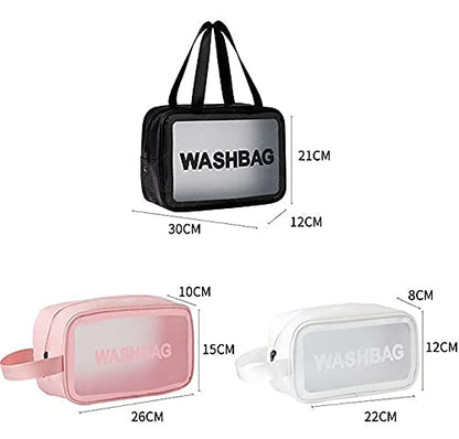 3Pcs Cosmetic Bag Vinyl Air Travel Toiletry Bags Bulk, Water Resistant PVC Packing Cubes with Zipper Closure & Carry Handle for Women Baby Men, Make-up brush Case Beach Pool Spa Gym Bag (White)