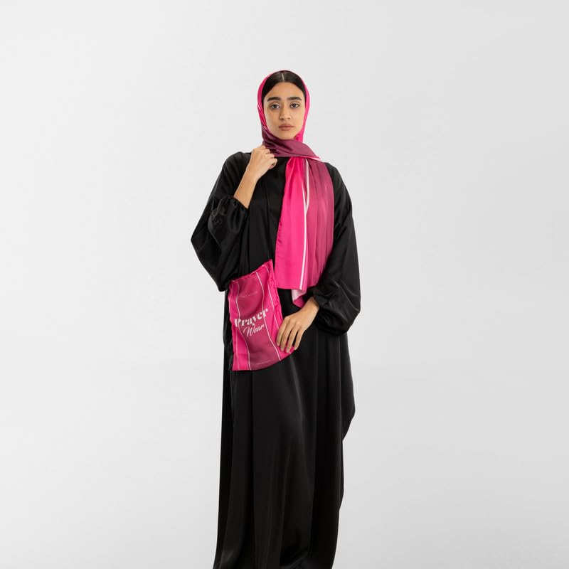 Isdal Al-Taqwa Women's Prayer Dress, a One-Piece Garment in Pink & Black made from Soft, Flowing Satin for Full Coverage, One Size Fits All, a Lovely and Comfortable Prayer Abaya for Salah