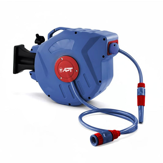 APT Wall Mounted Garden Hose Reel, Retractable Auto Rewind Pipe, 15m, 180 Swivel, Compact Blue Design, Durable PVC Hose, Outdoor Patio Watering Equipment, Lawn Plants Cleaning, Easy Storage