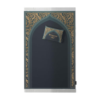 Velvet Prayer Mat in Teal and Gold, 68x117 cm, a luxurious and soft rug with a stunning, opulent design, providing a comfortable and elegant surface for your prayers at home or mosque
