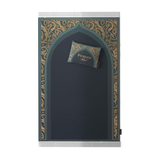 Velvet Prayer Mat in Teal and Gold, 68x117 cm, a luxurious and soft rug with a stunning, opulent design, providing a comfortable and elegant surface for your prayers at home or mosque