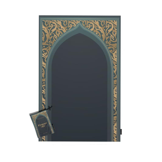 Waterproof Prayer Mat in Teal and Gold, 68x117 cm, a durable and beautiful rug with a rich design, perfect for travel and outdoor use, offering a clean and reliable prayer space