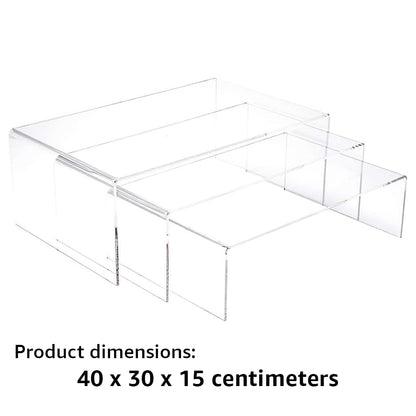 3-Tier Acrylic Shelf Riser, Rectangular Display Stand for Retail Merchandising, Figurines, or Treats, Durable Countertop Display Organizer, Transparent Design, Clear