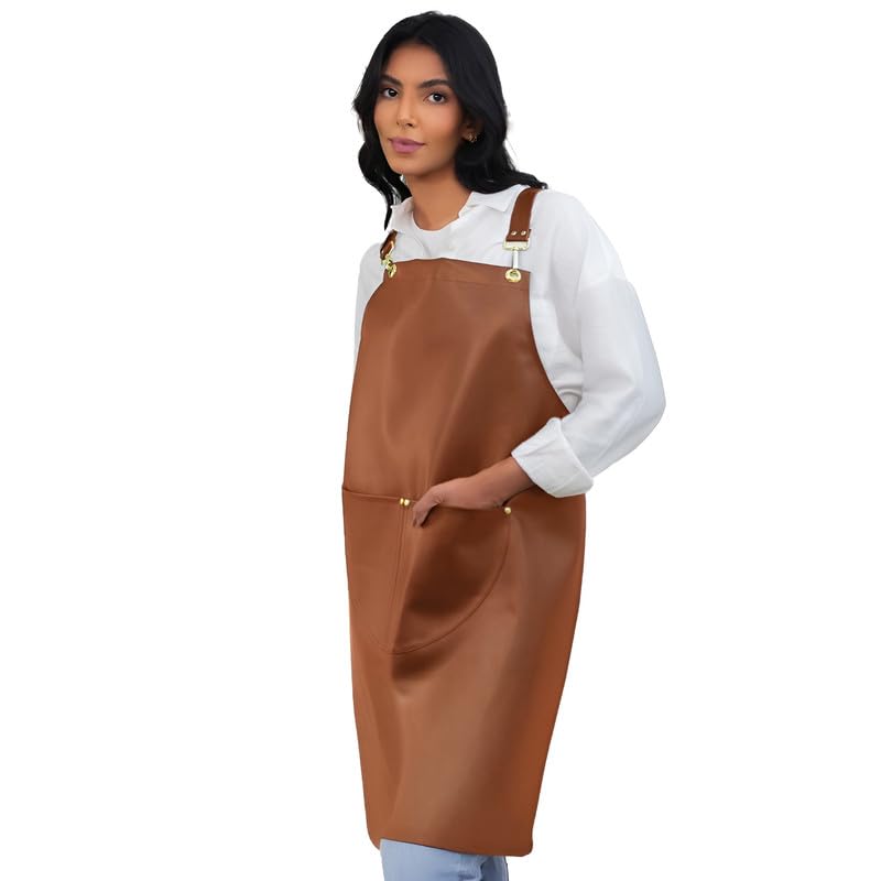 Premium Leather Apron - Durable Faux Leather Apron with Adjustable Straps And Pockets, Perfect for Chefs, Baristas, Grilling, and Crafts - Stylish and Easy to Clean