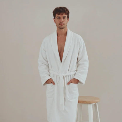 Hotel Collection Bathrobe in White, made from 100% Soft and Absorbent Cotton, a Unisex Robe for Men and Women, One Size Fits All, 1350g, perfect for Home, Spa, and Bathroom Luxury Use