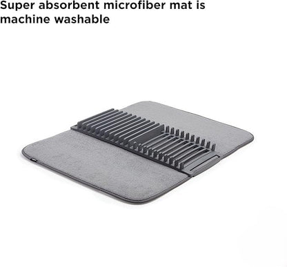 2-in-1 Dish Drying Rack with Absorbent Microfiber Mat, Removable Rust-Resistant Rack, Non-Slip Mat, Machine Washable, Ideal for Small Kitchens, Space-Saving Dish Organizer, Grey, 61 x 46 Cm