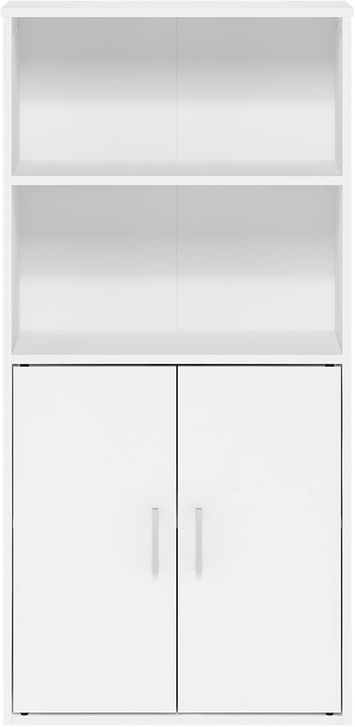 Storage Bookcase with 2 Doors in White, Manufactured Wood Cabinet with 2 Open Shelves, Freestanding Organizer for Living Room or Office, Combination Display and Concealed Unit