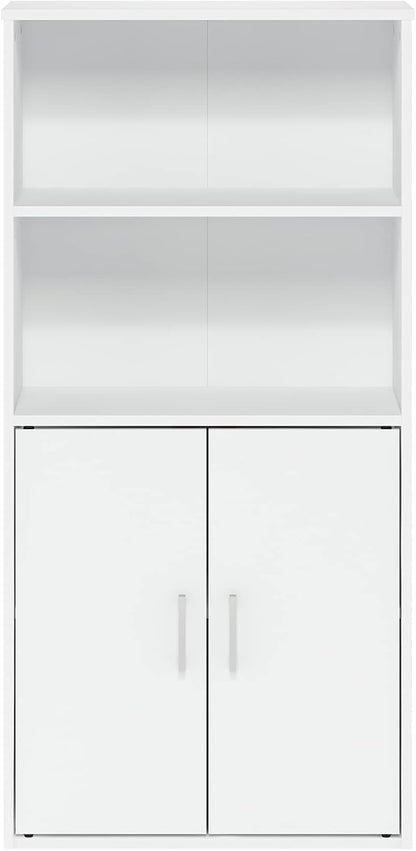 Storage Bookcase with 2 Doors in White, Manufactured Wood Cabinet with 2 Open Shelves, Freestanding Organizer for Living Room or Office, Combination Display and Concealed Unit