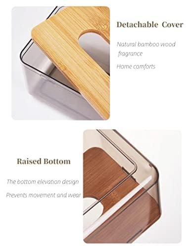 YIFFSH Tissue Box Cover Holder, Minimalist Transparent Tissue Dispenser Box with Bamboo Lid, Rectangle Dryer Sheet Dispenser Holder, Facial Tissue Holder for Bathroom Living Room Bedroom (Medium)
